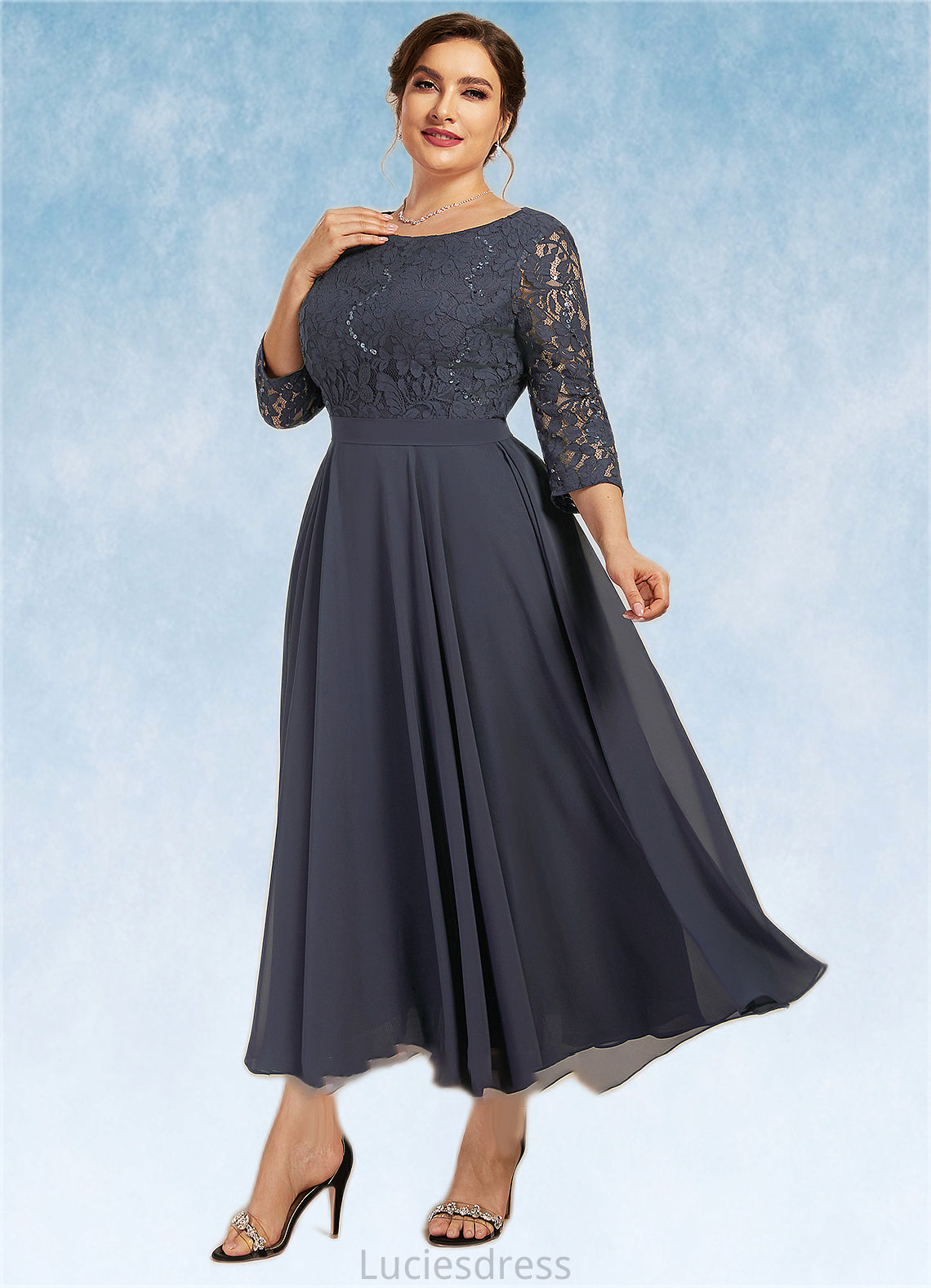 Violet A-Line Scoop Neck Tea-Length Chiffon Lace Mother of the Bride Dress With Sequins HF126P0014621