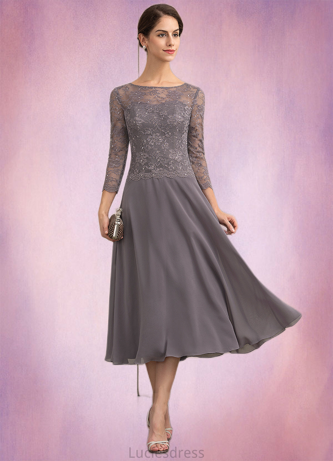 Hazel A-Line Scoop Neck Tea-Length Chiffon Lace Mother of the Bride Dress With Sequins HF126P0014622