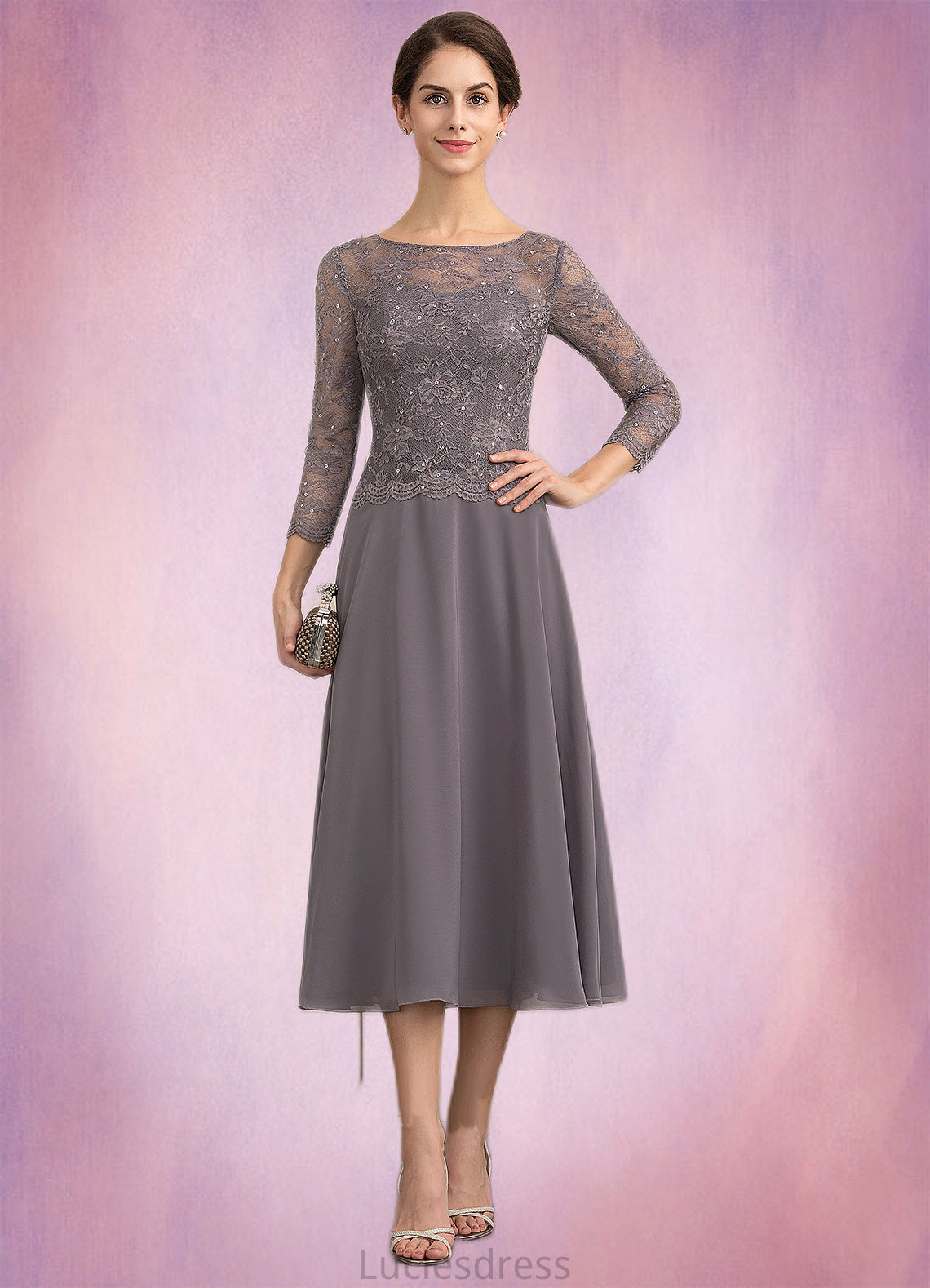 Hazel A-Line Scoop Neck Tea-Length Chiffon Lace Mother of the Bride Dress With Sequins HF126P0014622