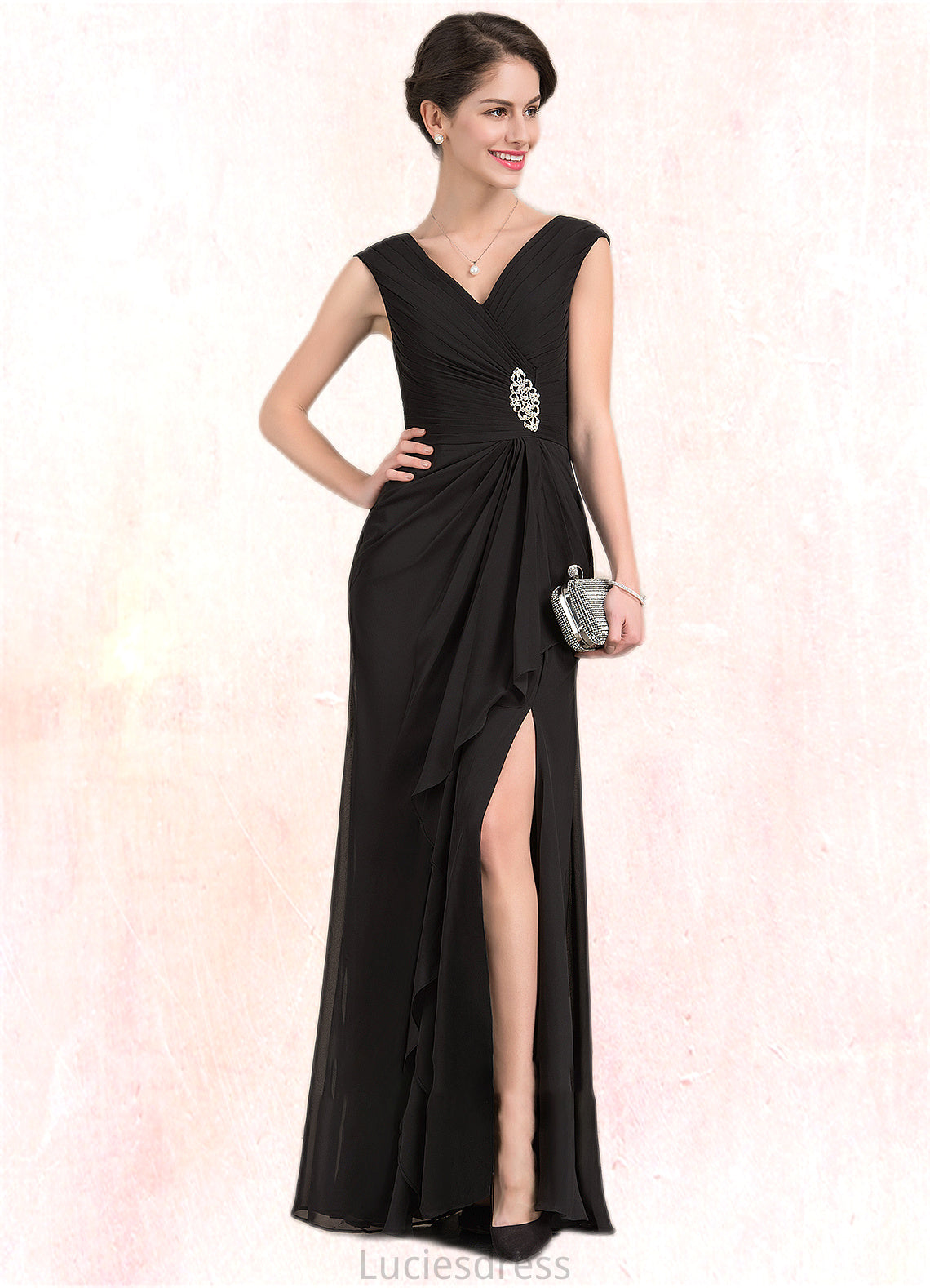 Penelope A-Line V-neck Floor-Length Chiffon Mother of the Bride Dress With Beading Split Front Cascading Ruffles HF126P0014623