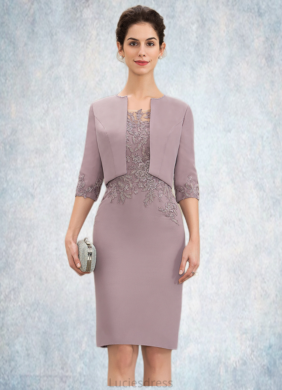 Savannah Sheath/Column Scoop Neck Knee-Length Chiffon Lace Mother of the Bride Dress HF126P0014624