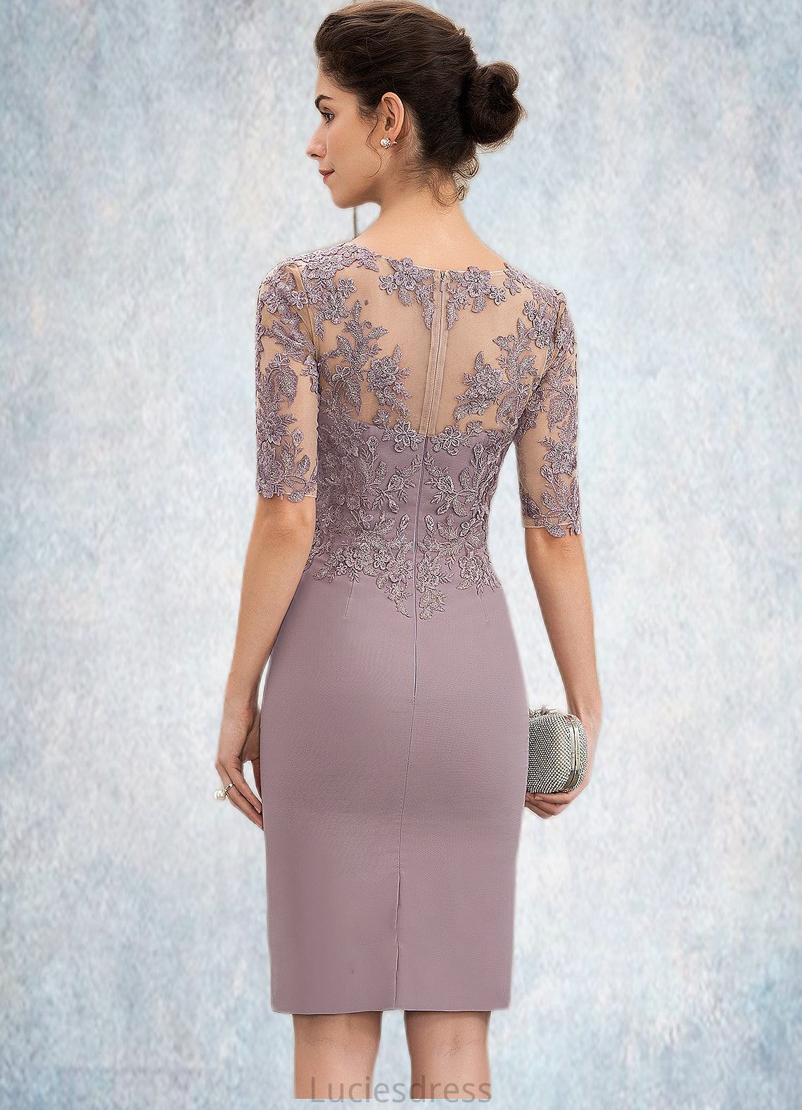 Savannah Sheath/Column Scoop Neck Knee-Length Chiffon Lace Mother of the Bride Dress HF126P0014624