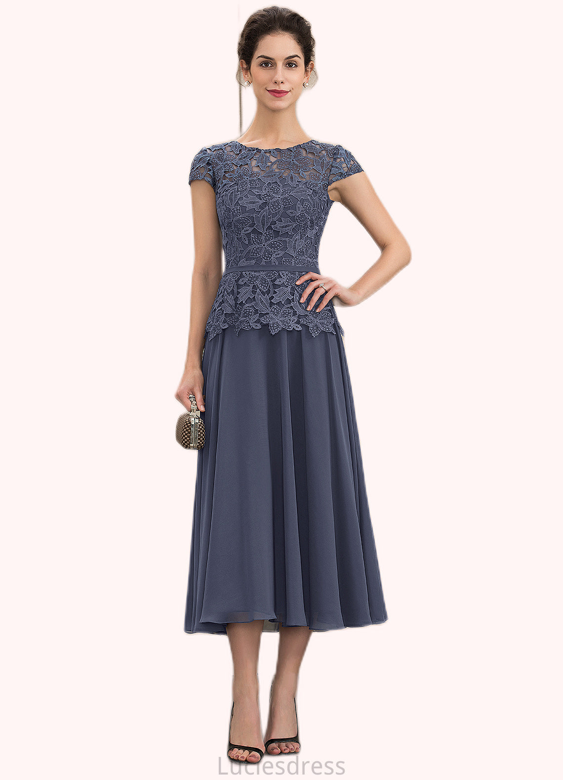 Neveah A-Line Scoop Neck Tea-Length Chiffon Lace Mother of the Bride Dress HF126P0014627