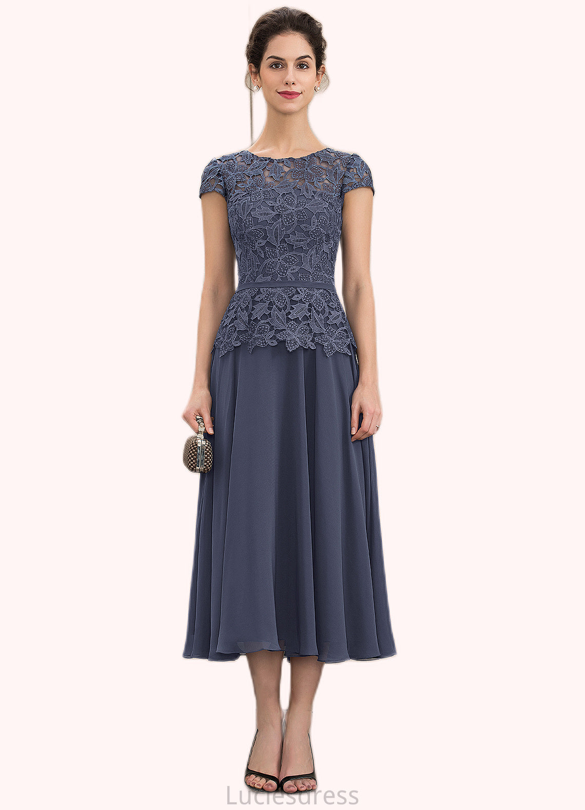 Neveah A-Line Scoop Neck Tea-Length Chiffon Lace Mother of the Bride Dress HF126P0014627