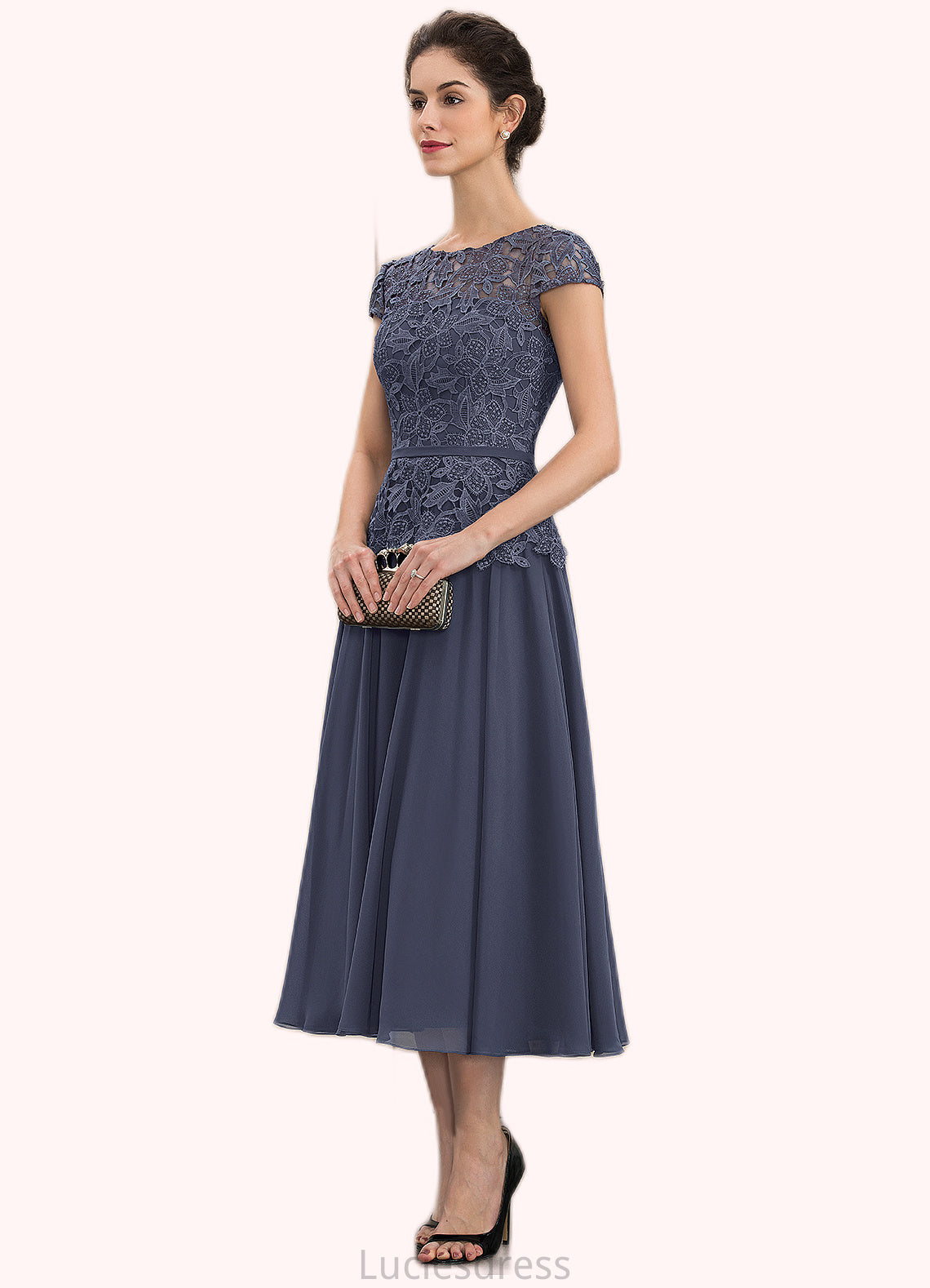 Neveah A-Line Scoop Neck Tea-Length Chiffon Lace Mother of the Bride Dress HF126P0014627