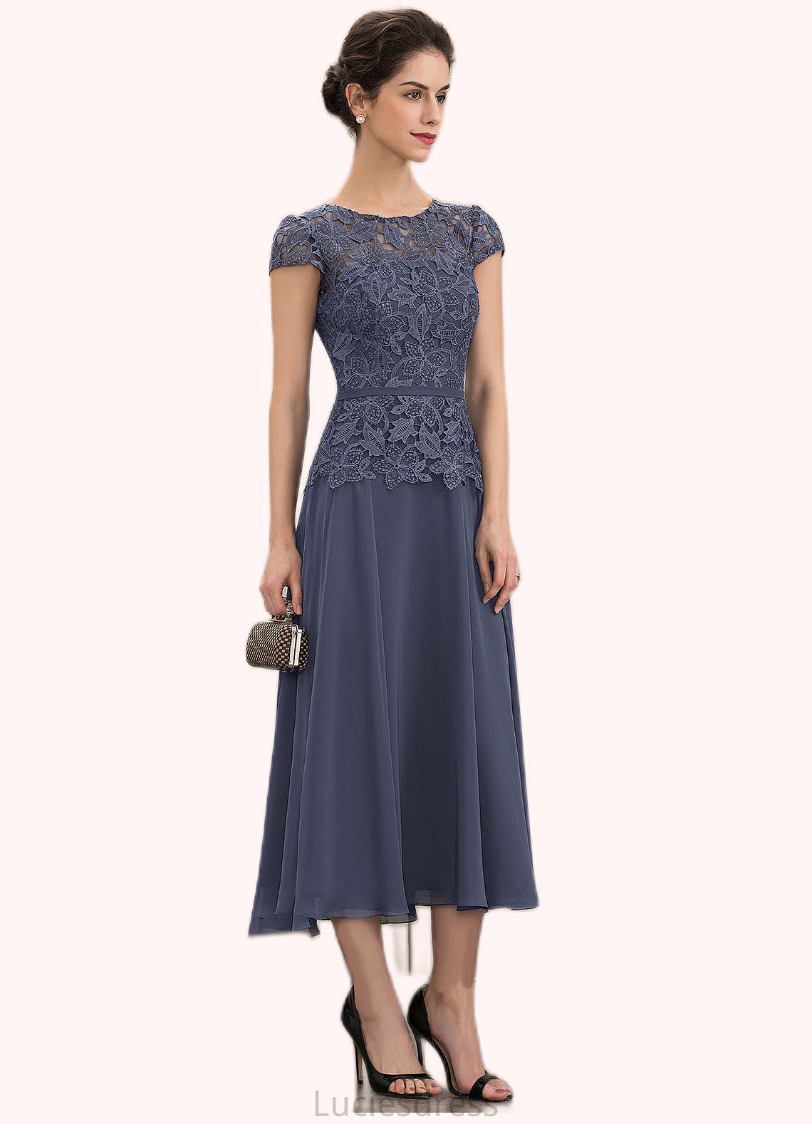 Neveah A-Line Scoop Neck Tea-Length Chiffon Lace Mother of the Bride Dress HF126P0014627