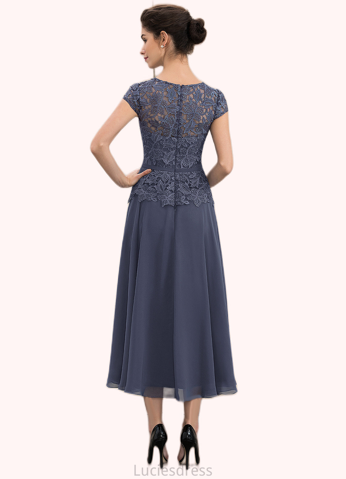 Neveah A-Line Scoop Neck Tea-Length Chiffon Lace Mother of the Bride Dress HF126P0014627