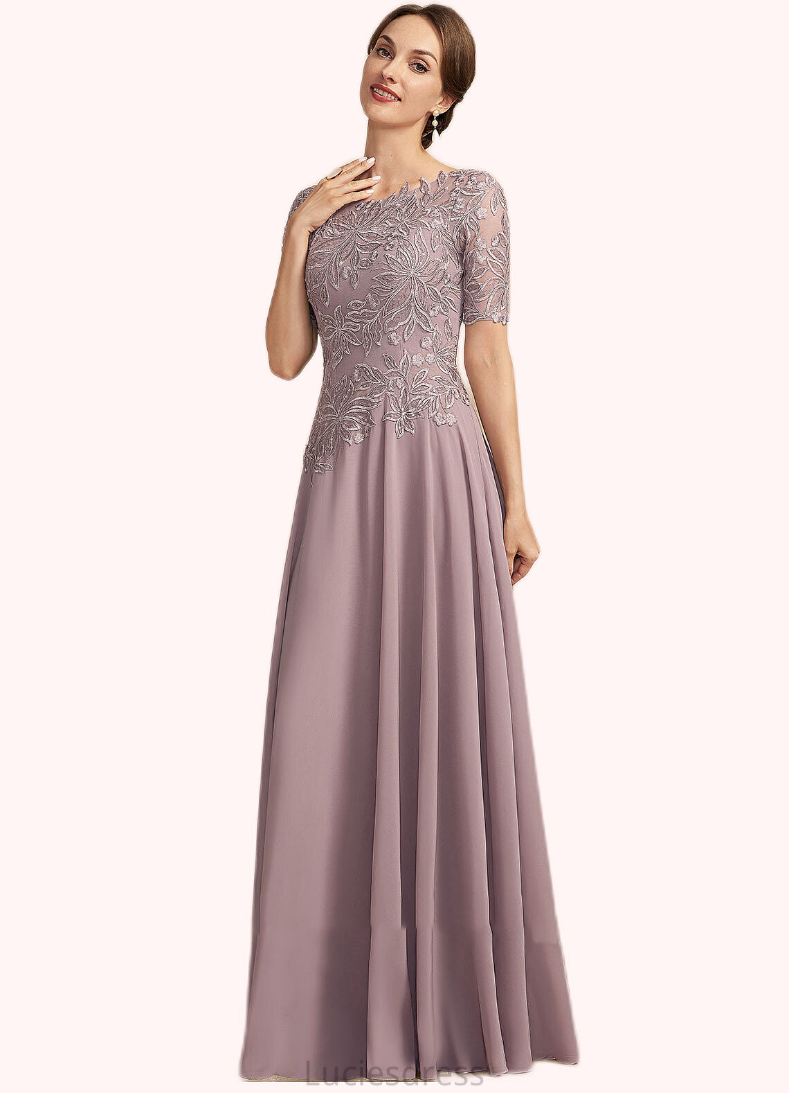 Pru A-Line Scoop Neck Floor-Length Chiffon Lace Mother of the Bride Dress HF126P0014628