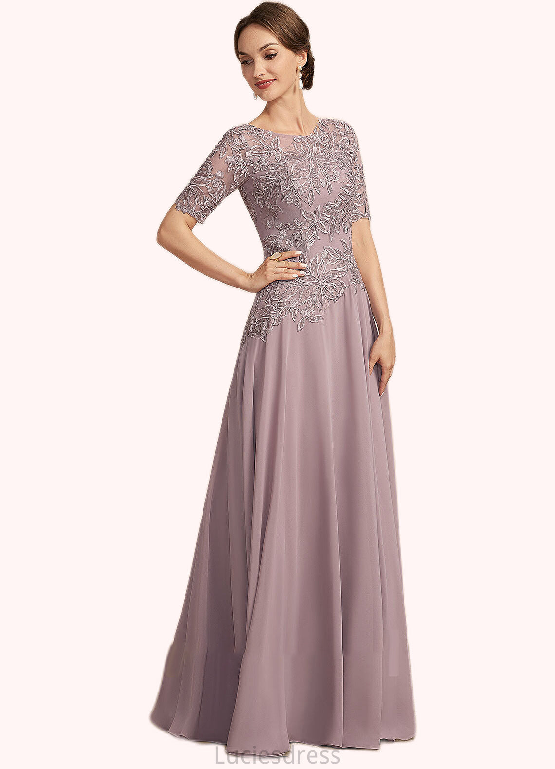 Pru A-Line Scoop Neck Floor-Length Chiffon Lace Mother of the Bride Dress HF126P0014628