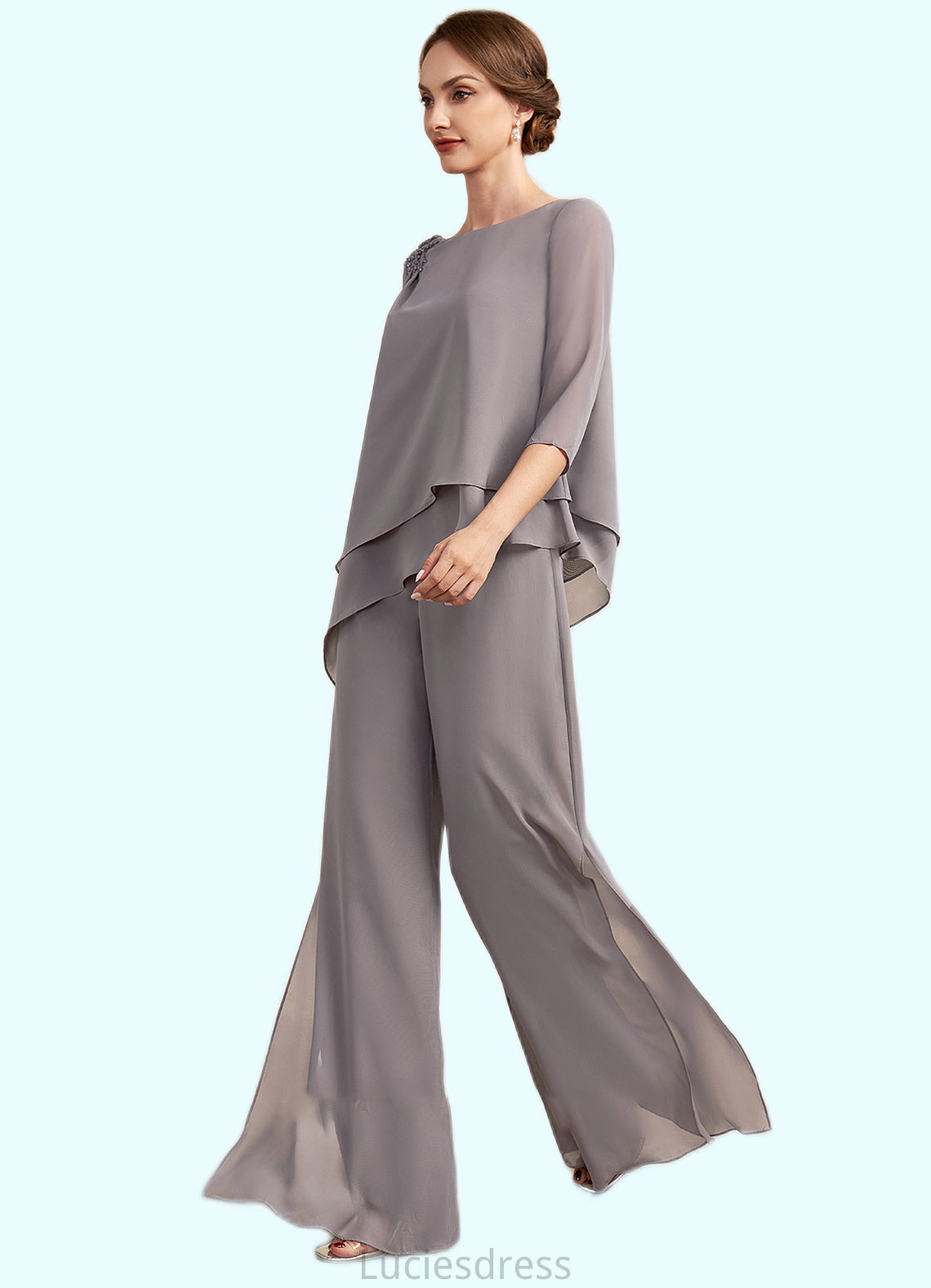 Tricia Jumpsuit/Pantsuit Scoop Neck Floor-Length Chiffon Mother of the Bride Dress With Beading HF126P0014630