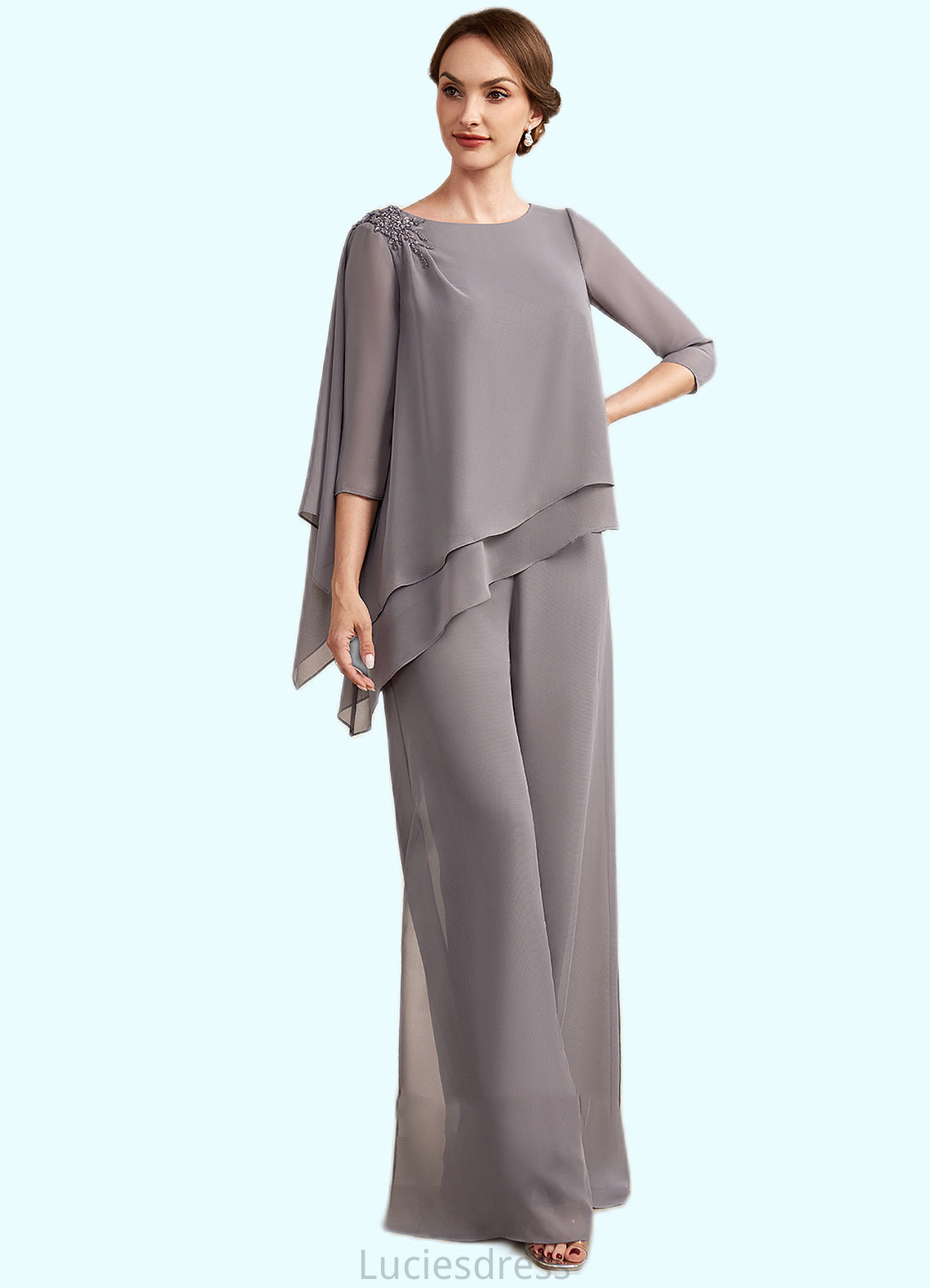 Tricia Jumpsuit/Pantsuit Scoop Neck Floor-Length Chiffon Mother of the Bride Dress With Beading HF126P0014630