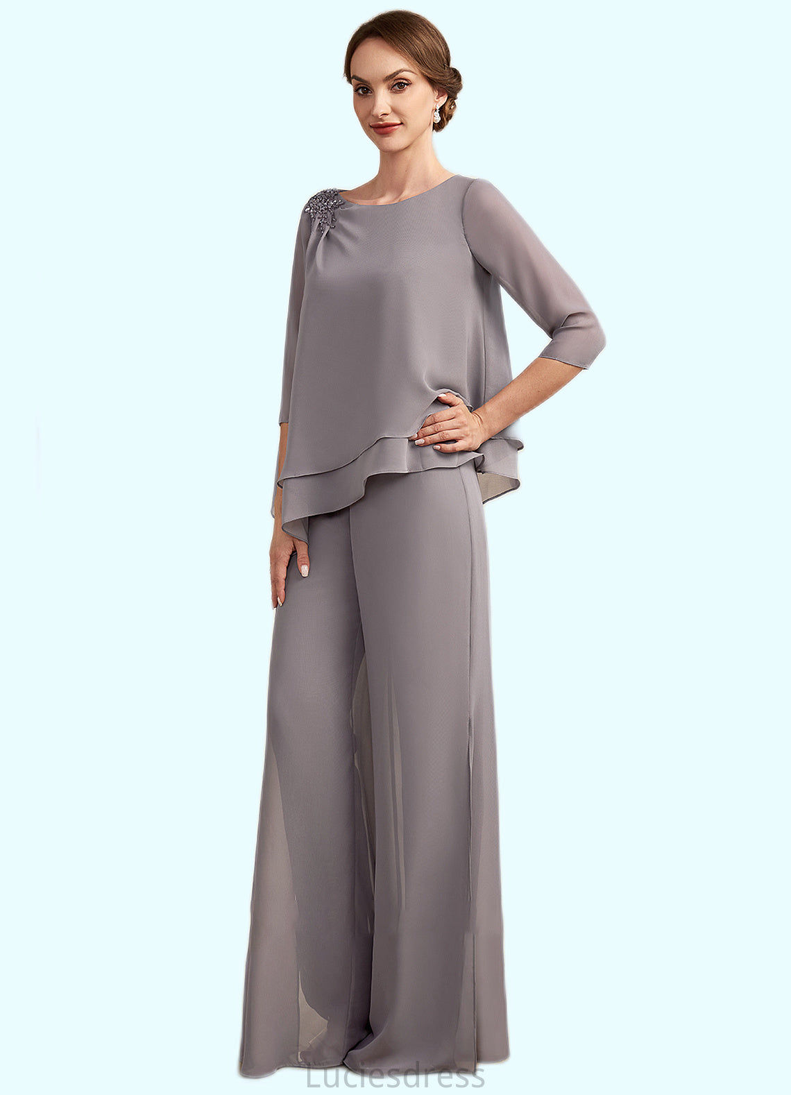 Tricia Jumpsuit/Pantsuit Scoop Neck Floor-Length Chiffon Mother of the Bride Dress With Beading HF126P0014630