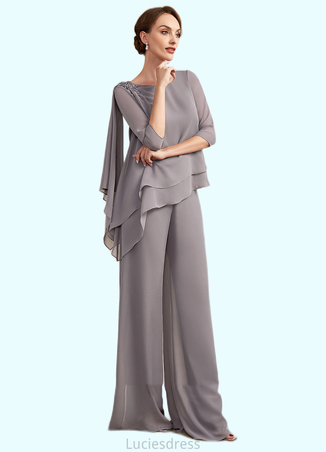 Tricia Jumpsuit/Pantsuit Scoop Neck Floor-Length Chiffon Mother of the Bride Dress With Beading HF126P0014630