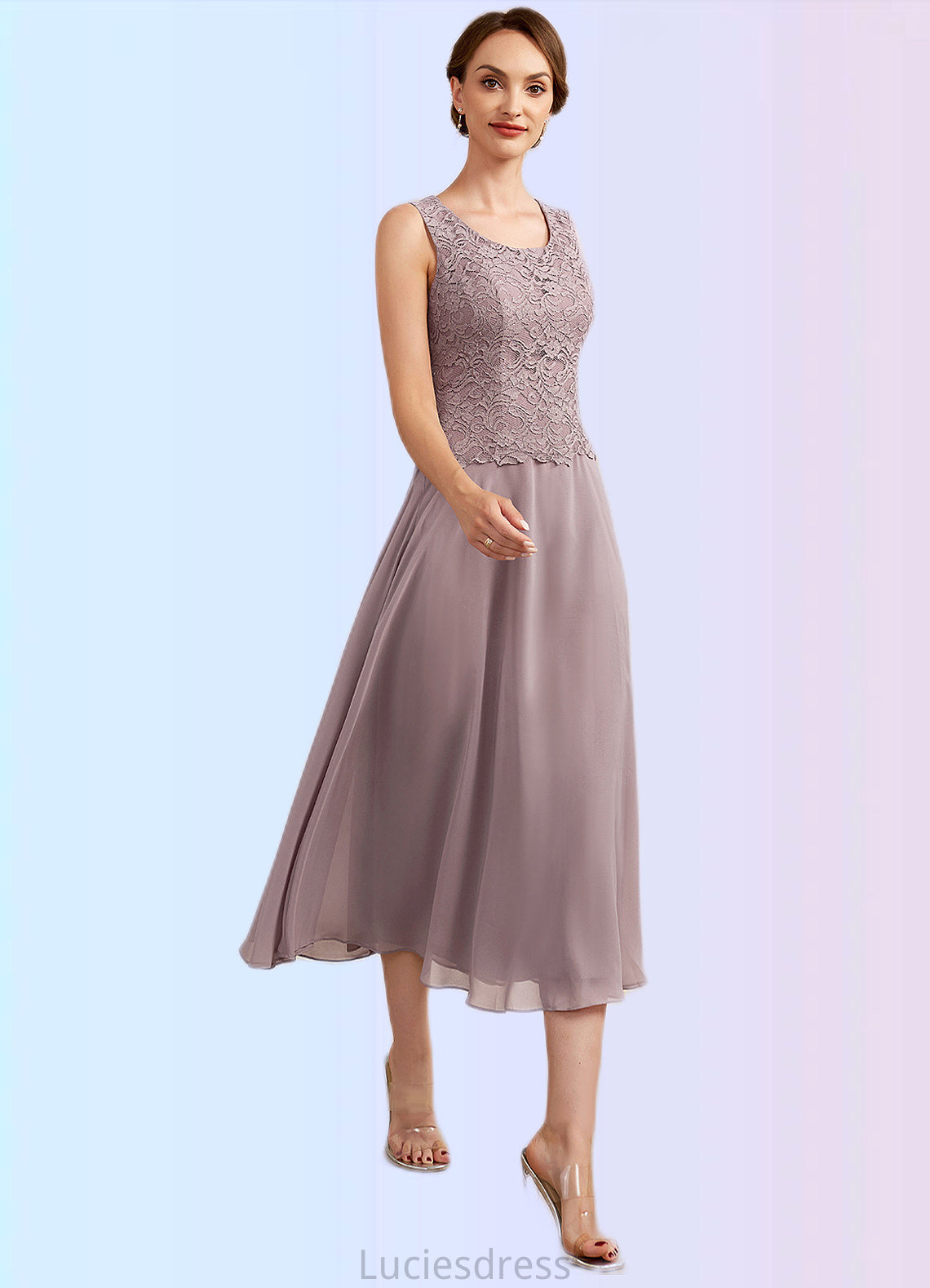 Alanna A-Line Scoop Neck Tea-Length Chiffon Lace Mother of the Bride Dress HF126P0014633