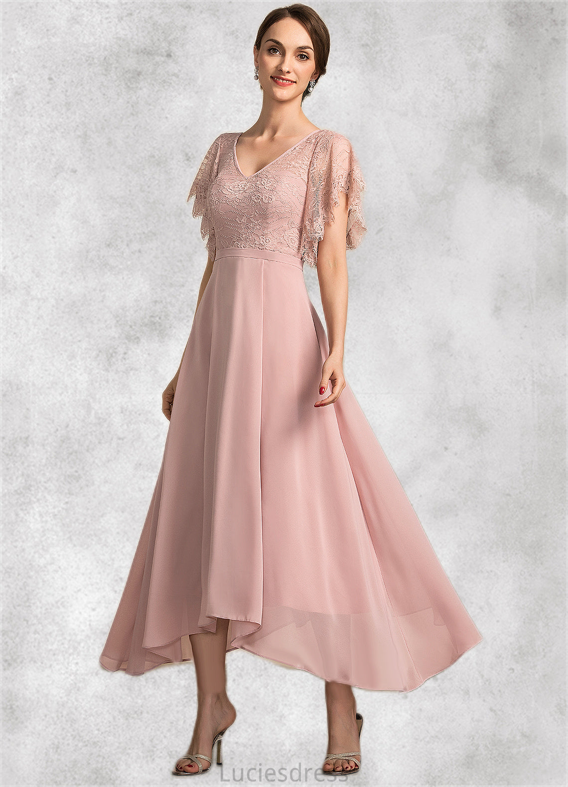 Nia A-line V-Neck Ankle-Length Chiffon Lace Mother of the Bride Dress HF126P0014636