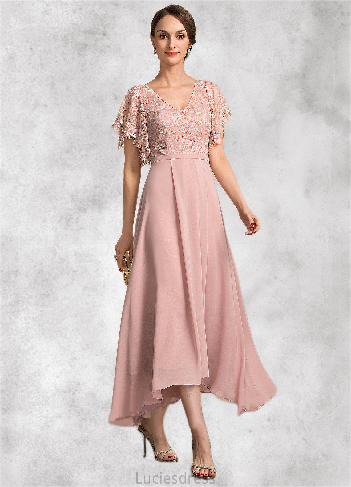 Nia A-line V-Neck Ankle-Length Chiffon Lace Mother of the Bride Dress HF126P0014636