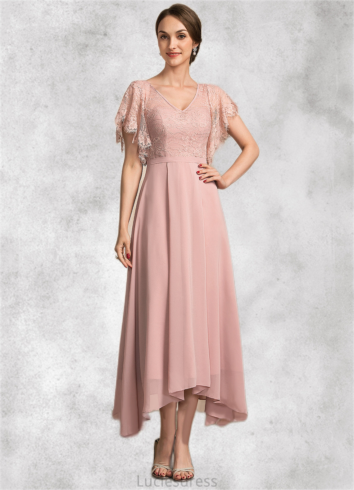 Nia A-line V-Neck Ankle-Length Chiffon Lace Mother of the Bride Dress HF126P0014636