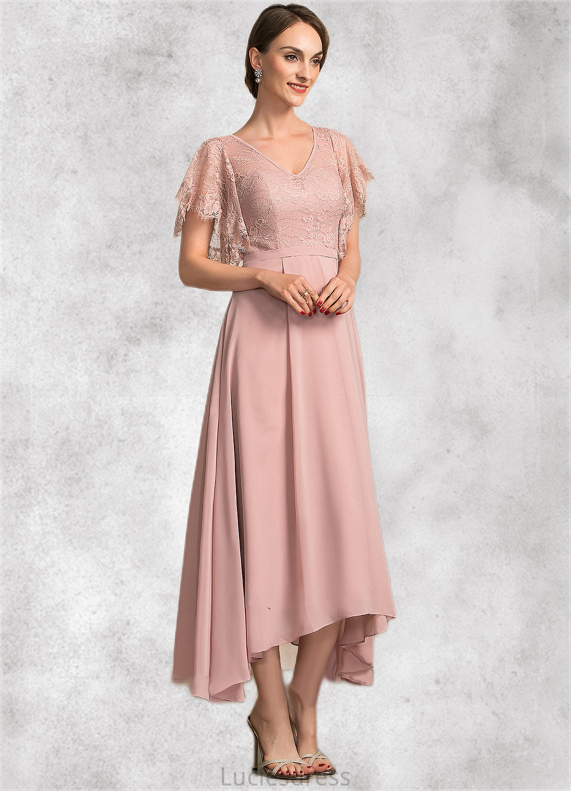 Nia A-line V-Neck Ankle-Length Chiffon Lace Mother of the Bride Dress HF126P0014636