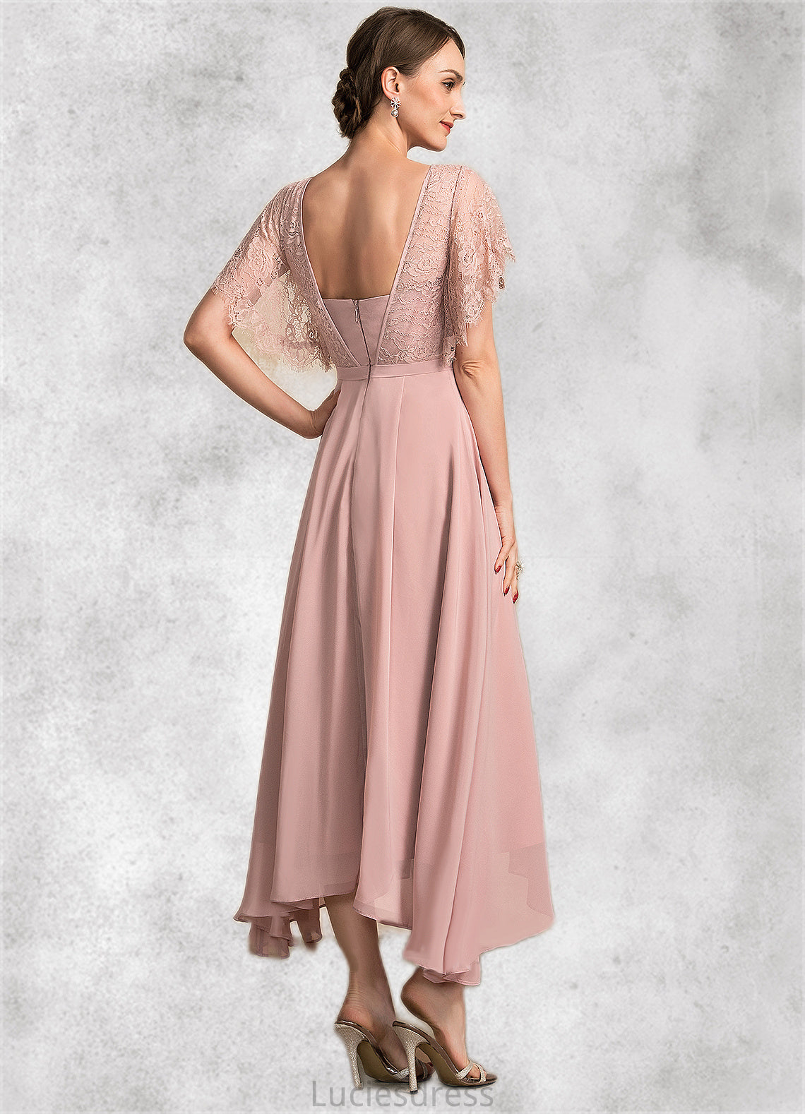 Nia A-line V-Neck Ankle-Length Chiffon Lace Mother of the Bride Dress HF126P0014636