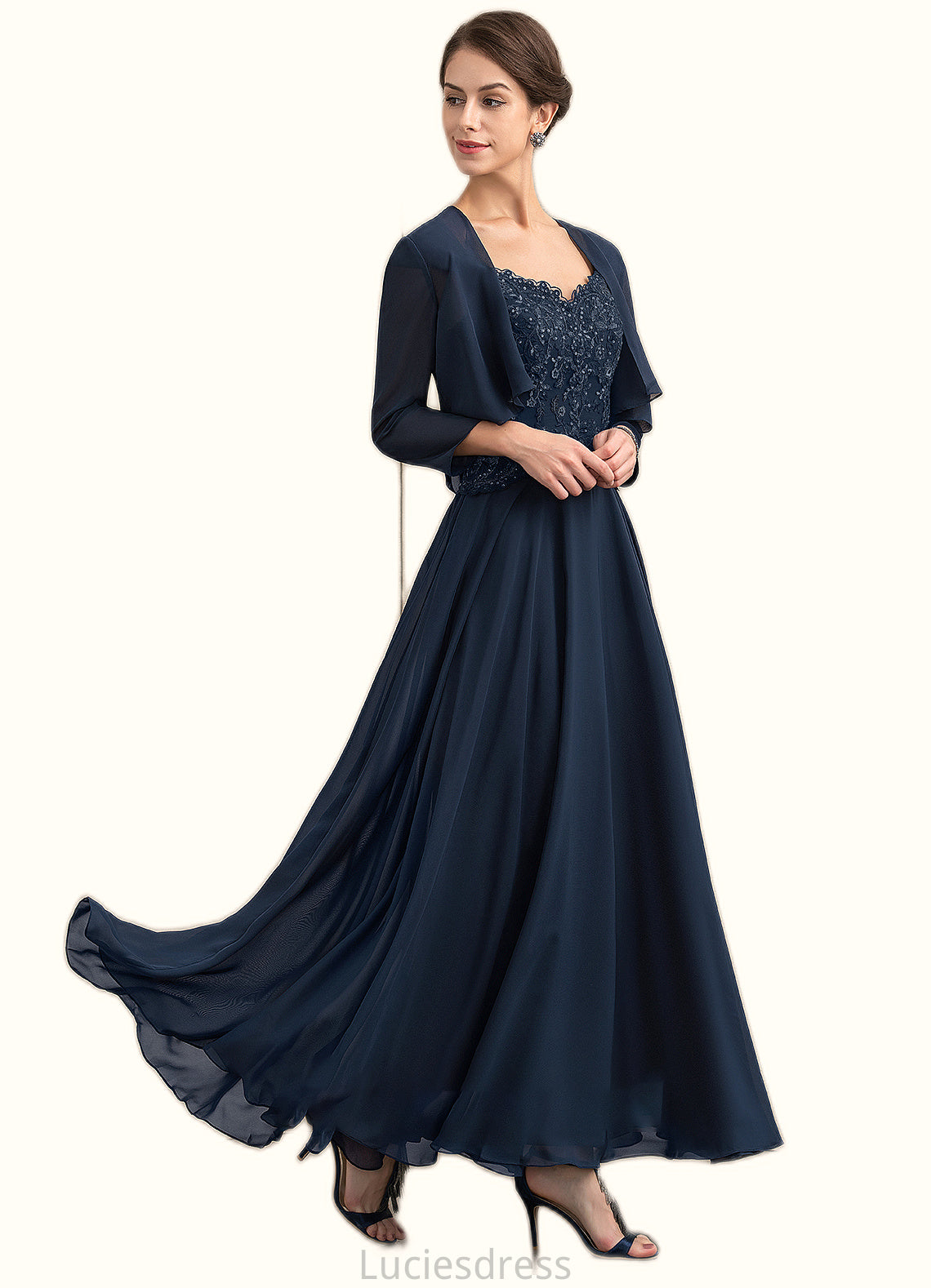 Izabelle A-line V-Neck Ankle-Length Chiffon Lace Mother of the Bride Dress With Sequins HF126P0014637