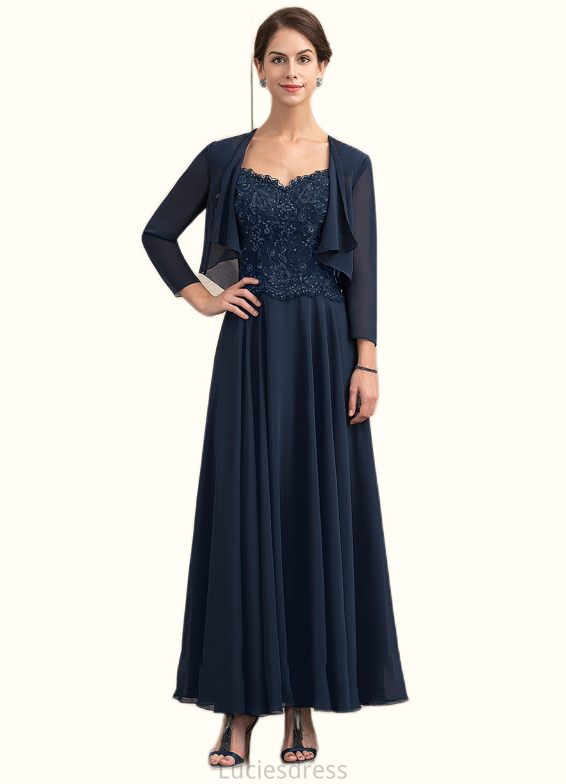 Izabelle A-line V-Neck Ankle-Length Chiffon Lace Mother of the Bride Dress With Sequins HF126P0014637