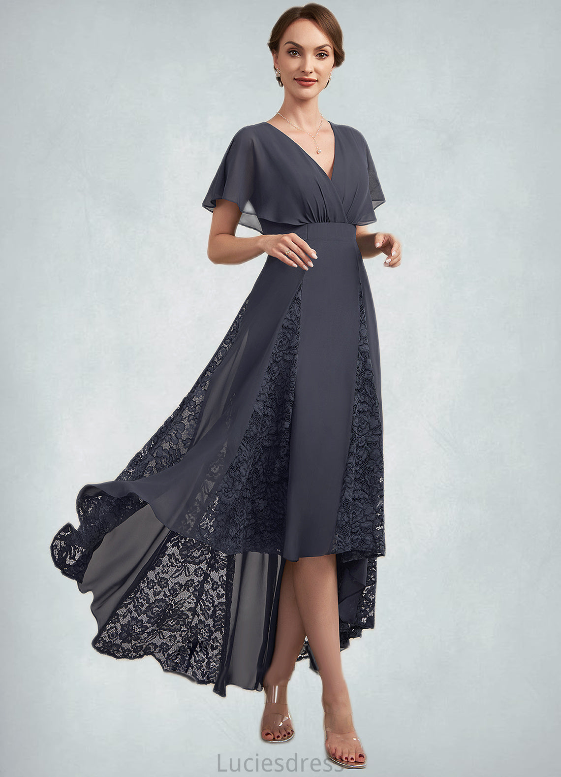 Brynlee A-Line V-neck Asymmetrical Chiffon Lace Mother of the Bride Dress With Ruffle HF126P0014638