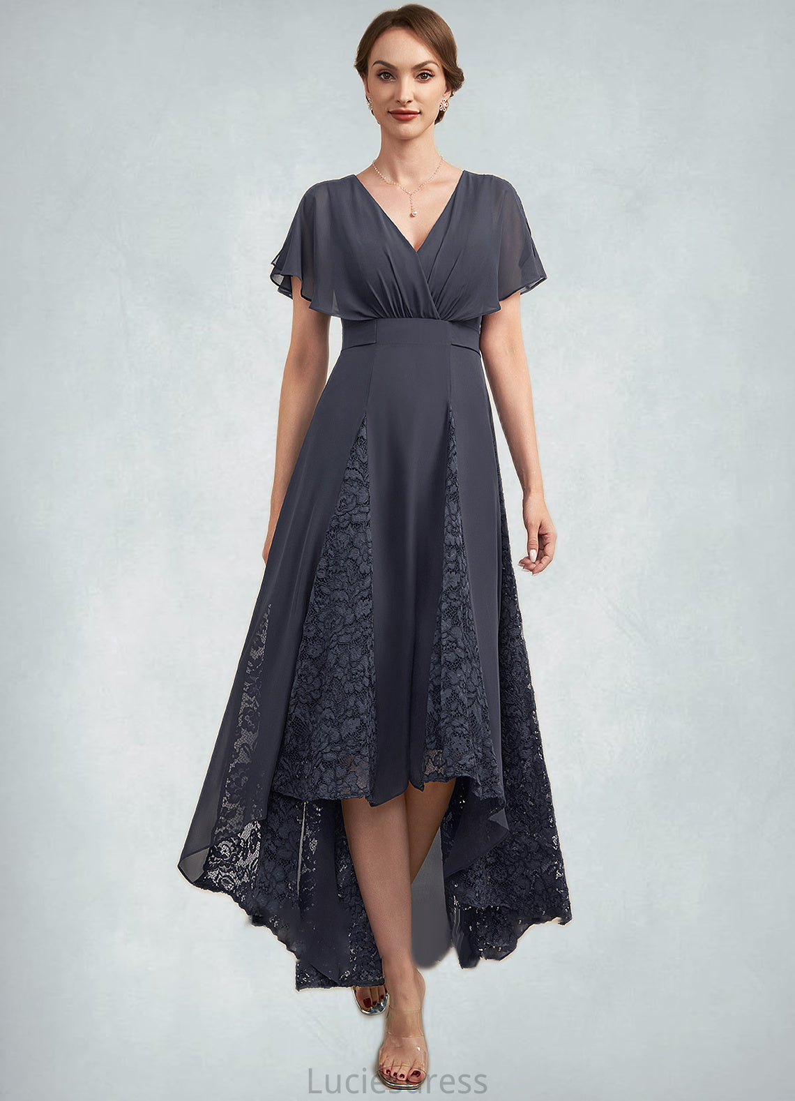 Brynlee A-Line V-neck Asymmetrical Chiffon Lace Mother of the Bride Dress With Ruffle HF126P0014638