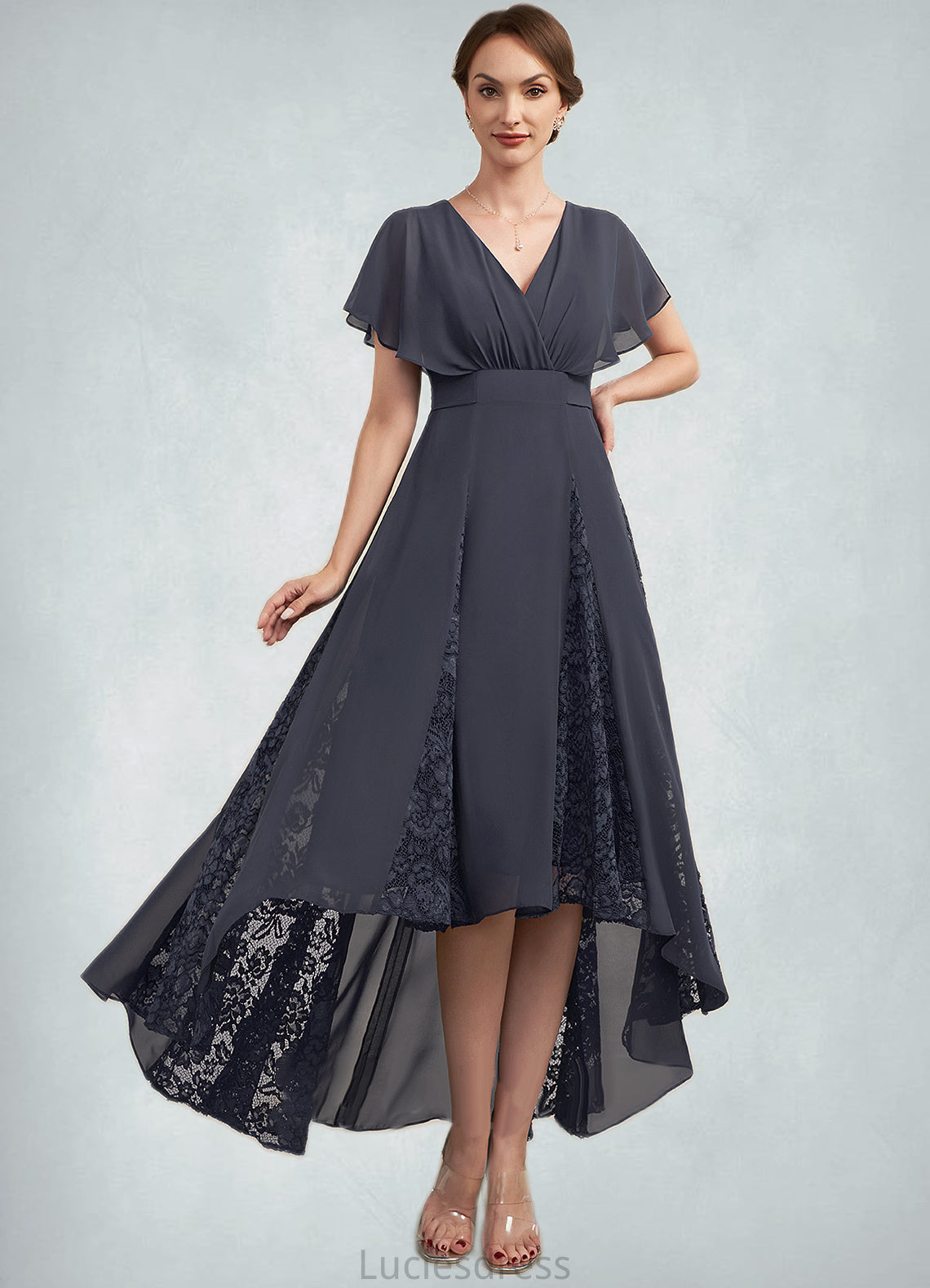 Brynlee A-Line V-neck Asymmetrical Chiffon Lace Mother of the Bride Dress With Ruffle HF126P0014638