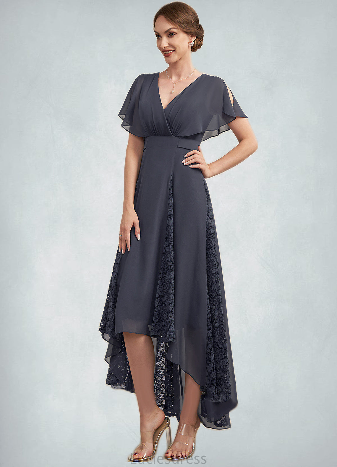 Brynlee A-Line V-neck Asymmetrical Chiffon Lace Mother of the Bride Dress With Ruffle HF126P0014638