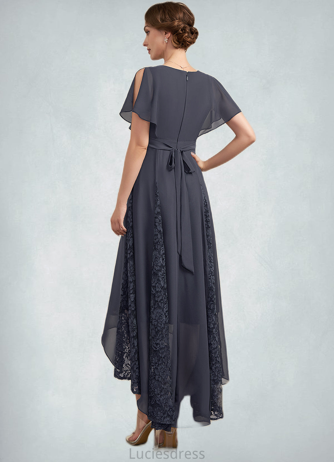 Brynlee A-Line V-neck Asymmetrical Chiffon Lace Mother of the Bride Dress With Ruffle HF126P0014638