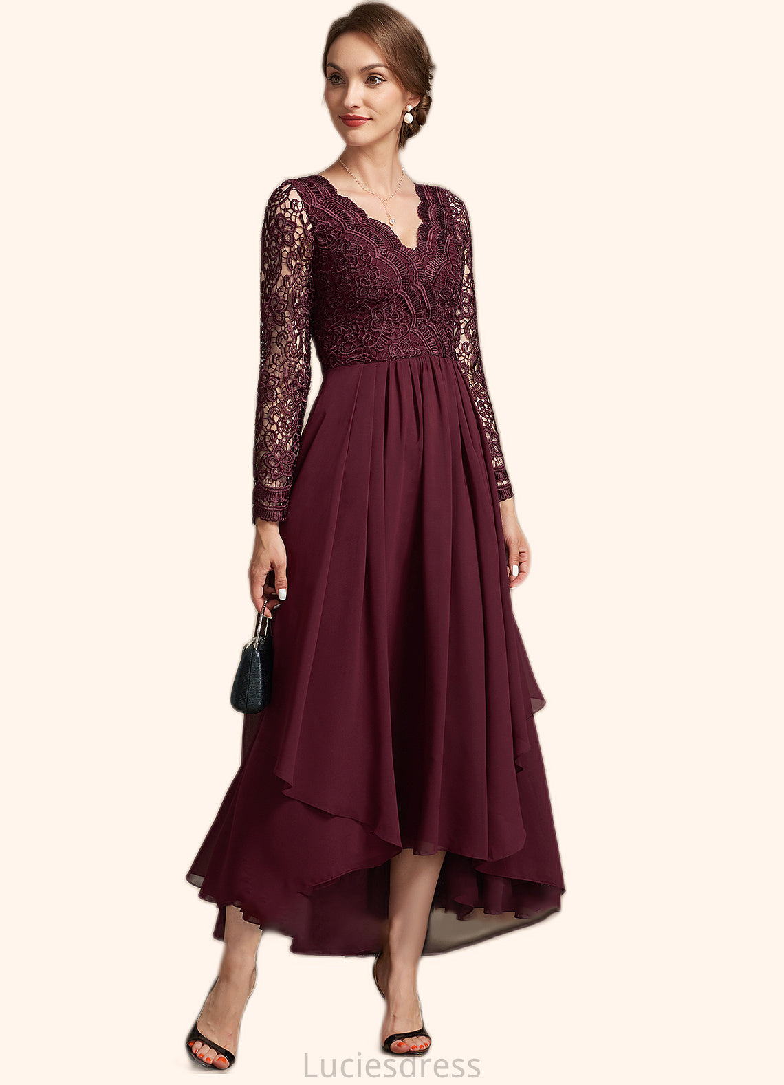 Suzanne A-line V-Neck Asymmetrical Chiffon Lace Mother of the Bride Dress HF126P0014640