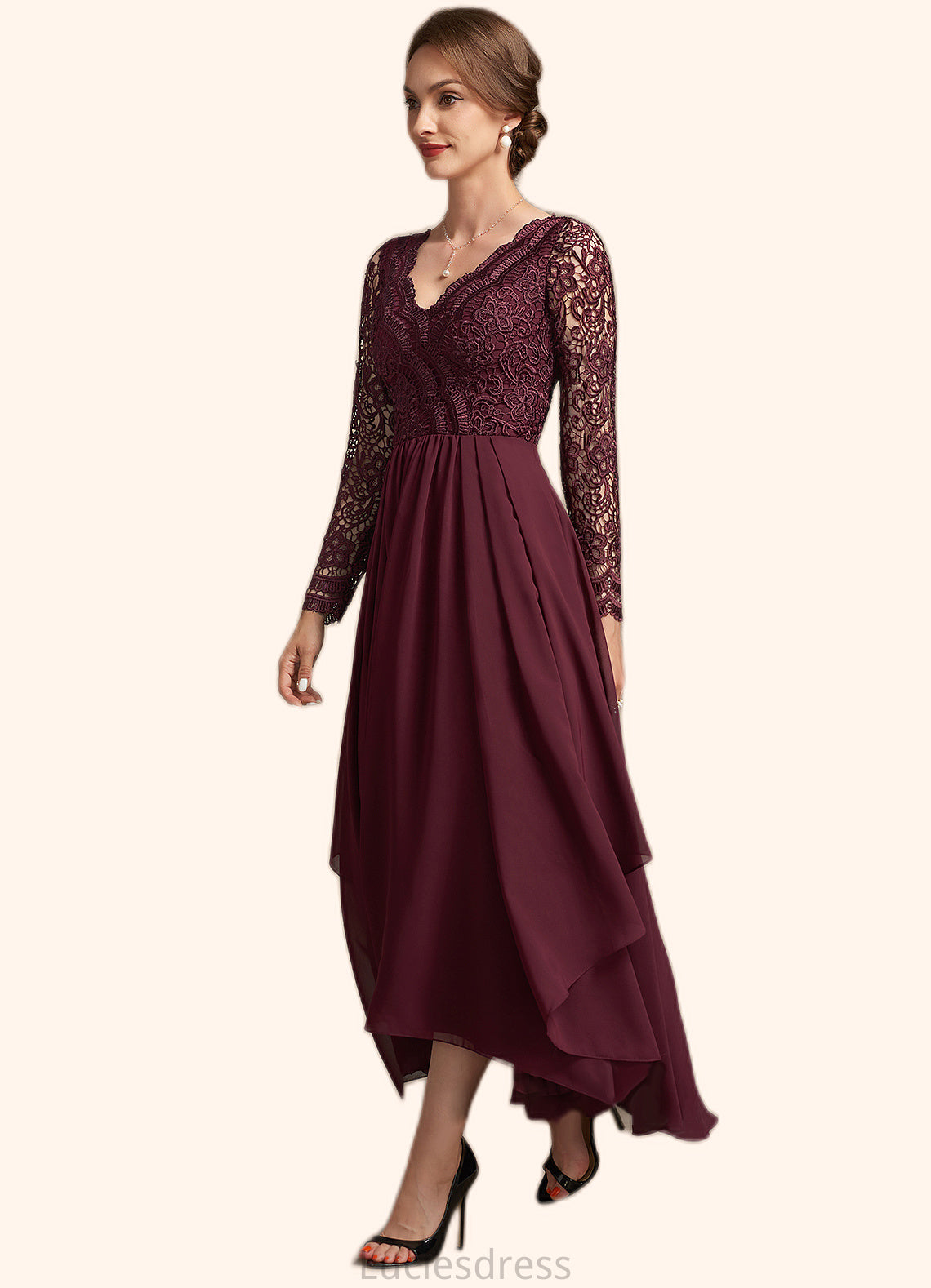 Suzanne A-line V-Neck Asymmetrical Chiffon Lace Mother of the Bride Dress HF126P0014640