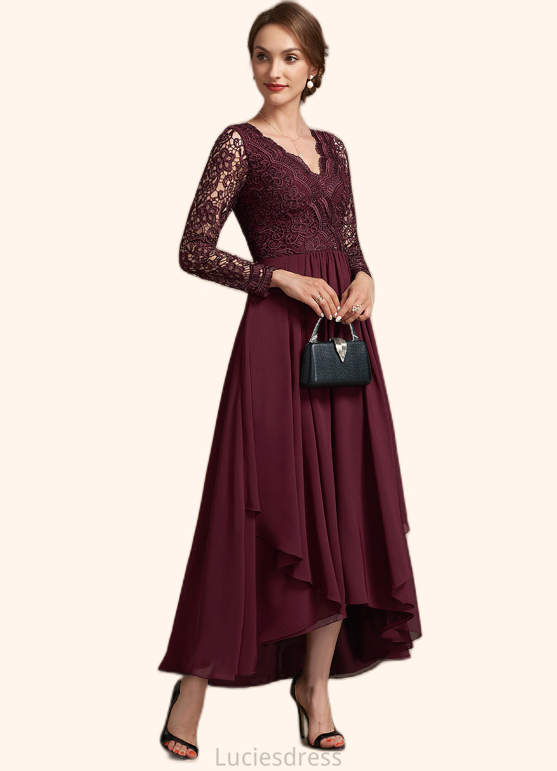 Suzanne A-line V-Neck Asymmetrical Chiffon Lace Mother of the Bride Dress HF126P0014640