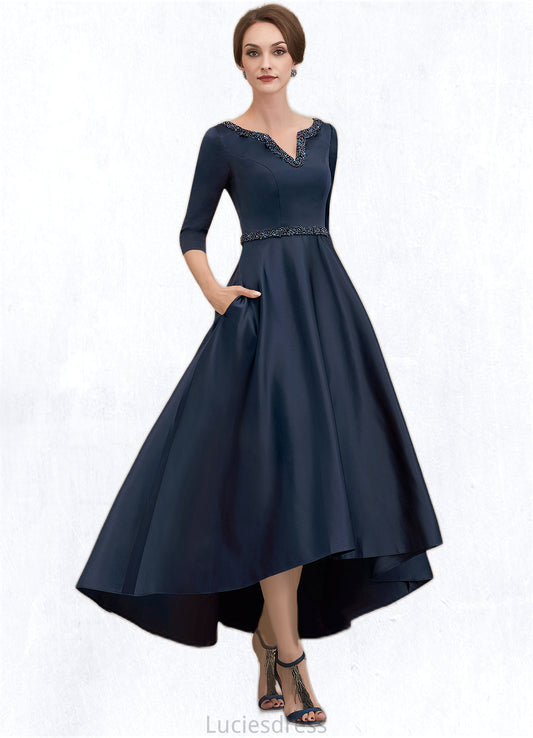 Jessica A-Line V-neck Asymmetrical Satin Mother of the Bride Dress With Beading Sequins Pockets HF126P0014641