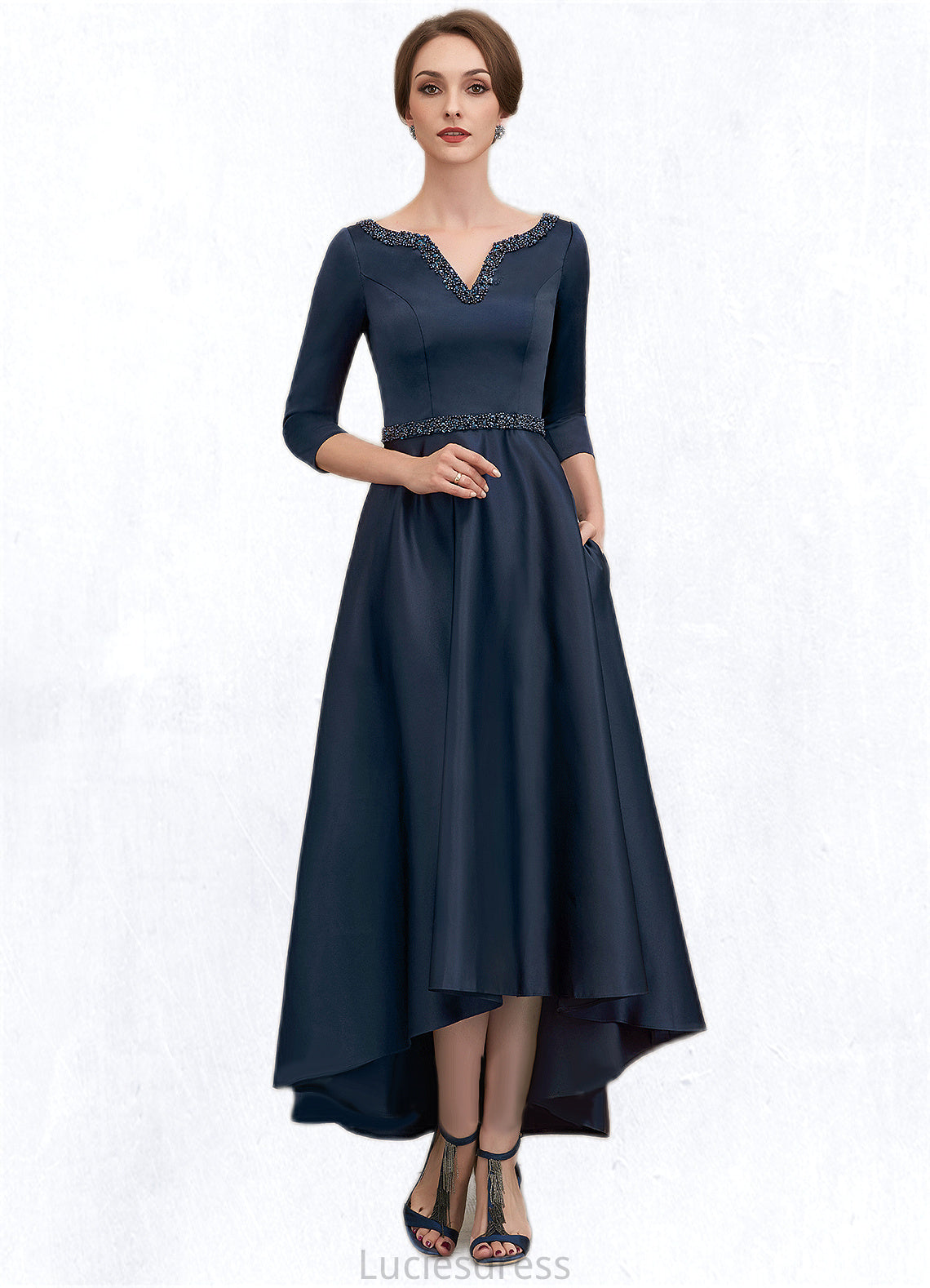 Jessica A-Line V-neck Asymmetrical Satin Mother of the Bride Dress With Beading Sequins Pockets HF126P0014641