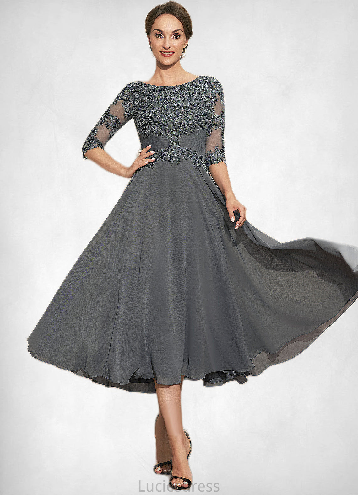 Cora A-Line Scoop Neck Tea-Length Chiffon Lace Mother of the Bride Dress With Sequins HF126P0014642