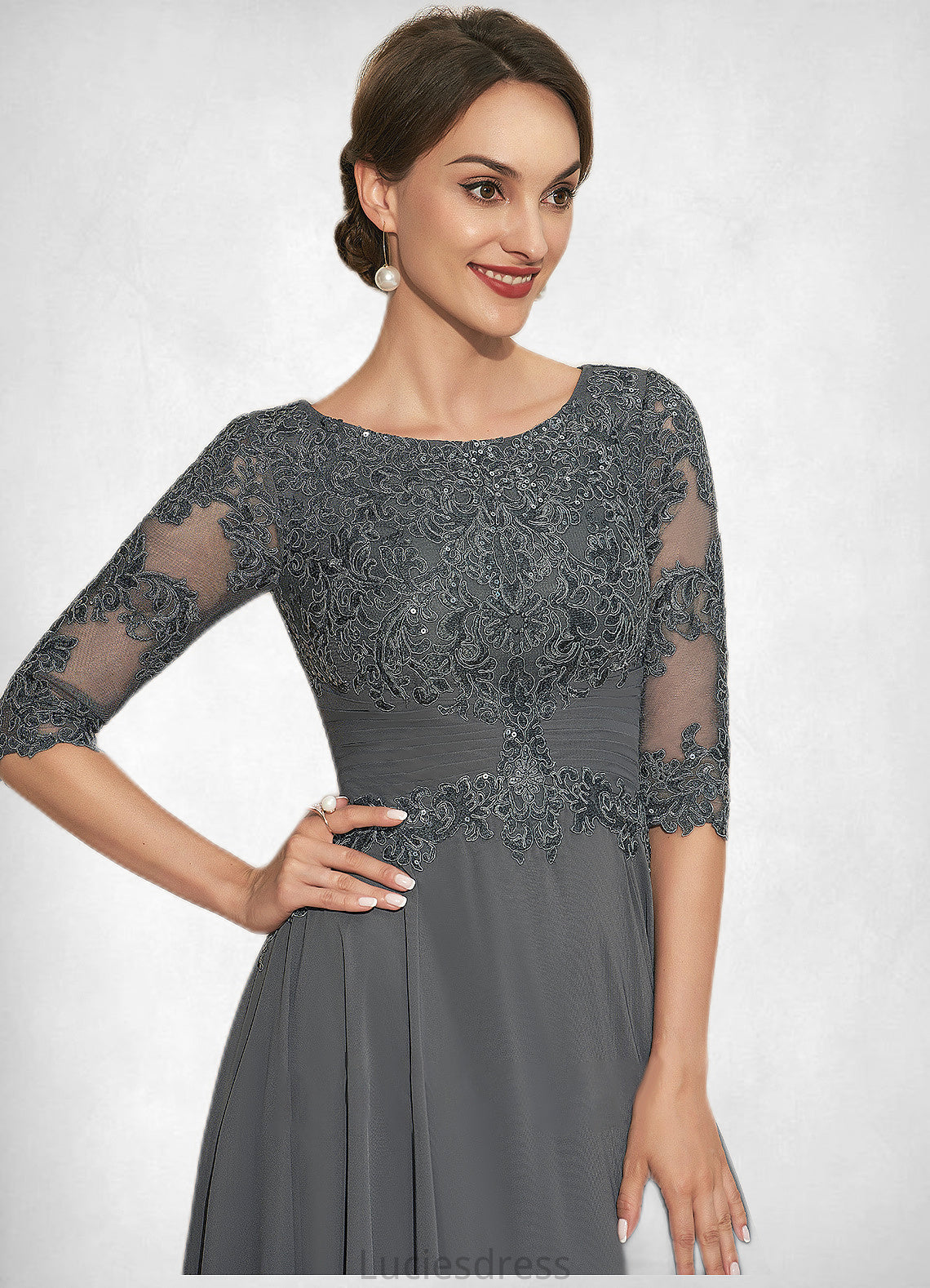 Cora A-Line Scoop Neck Tea-Length Chiffon Lace Mother of the Bride Dress With Sequins HF126P0014642