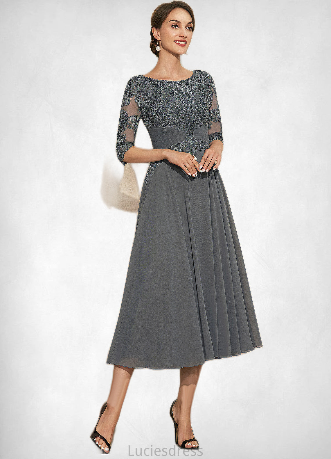 Cora A-Line Scoop Neck Tea-Length Chiffon Lace Mother of the Bride Dress With Sequins HF126P0014642