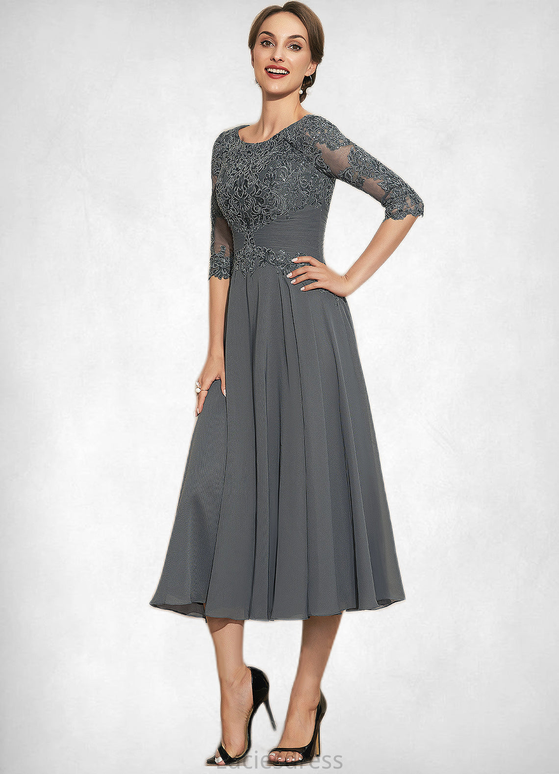 Cora A-Line Scoop Neck Tea-Length Chiffon Lace Mother of the Bride Dress With Sequins HF126P0014642