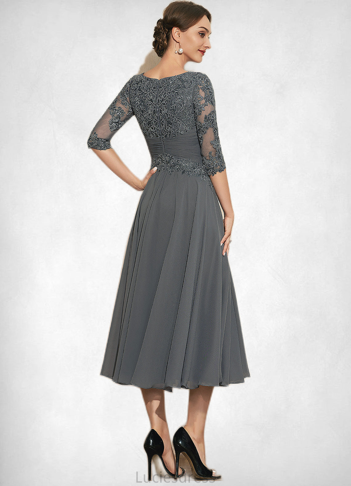 Cora A-Line Scoop Neck Tea-Length Chiffon Lace Mother of the Bride Dress With Sequins HF126P0014642