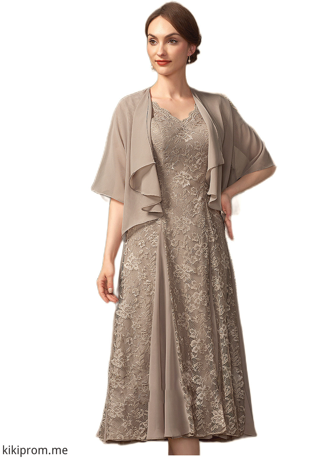 Kailey A-line V-Neck Tea-Length Chiffon Lace Mother of the Bride Dress STF126P0014644