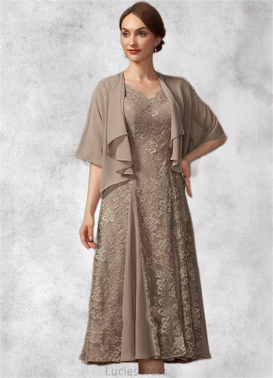 Meredith A-line V-Neck Tea-Length Chiffon Lace Mother of the Bride Dress HF126P0014644