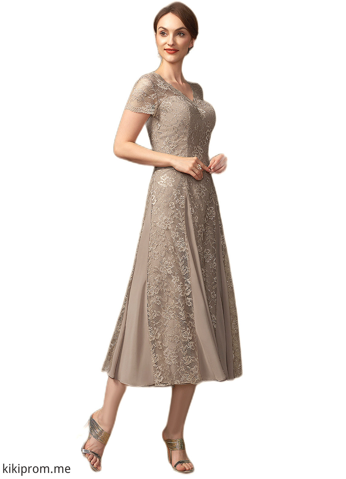 Kailey A-line V-Neck Tea-Length Chiffon Lace Mother of the Bride Dress STF126P0014644