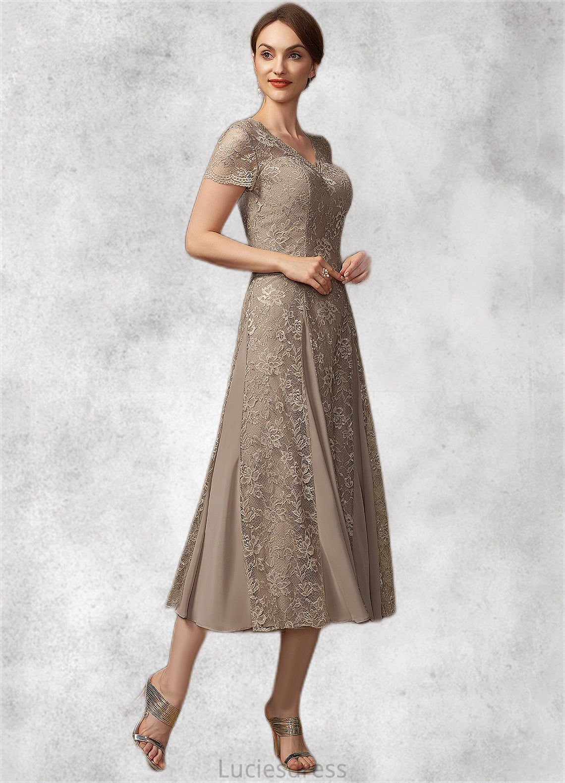 Meredith A-line V-Neck Tea-Length Chiffon Lace Mother of the Bride Dress HF126P0014644