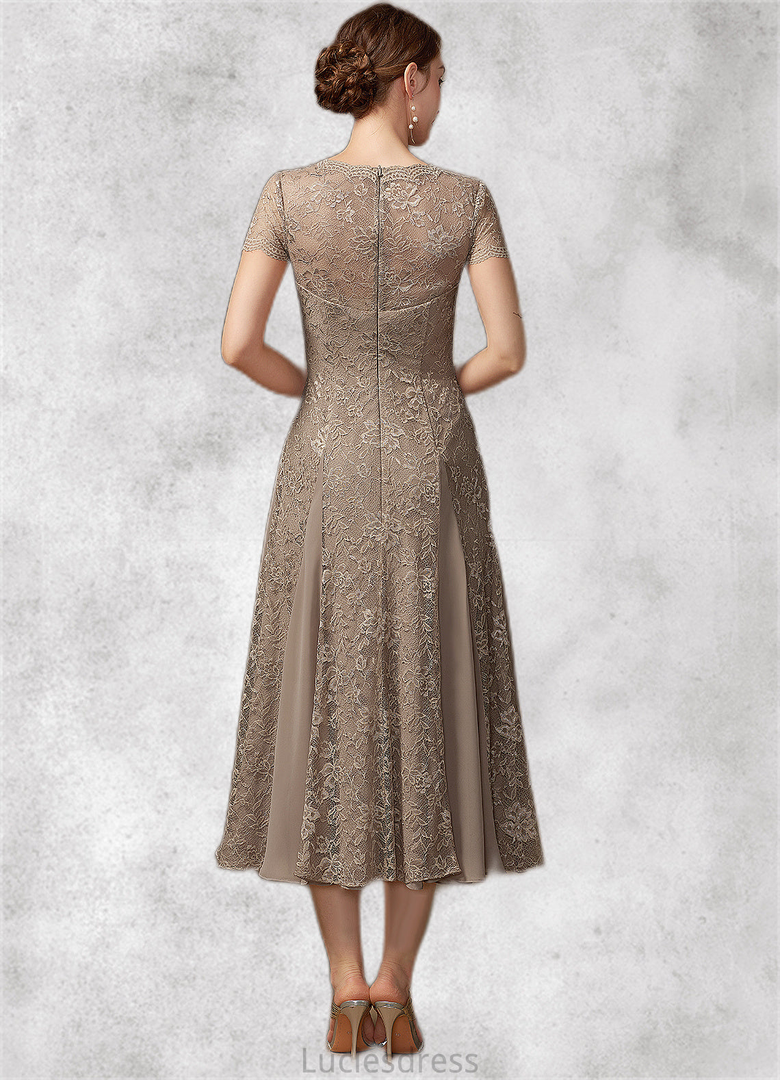 Meredith A-line V-Neck Tea-Length Chiffon Lace Mother of the Bride Dress HF126P0014644