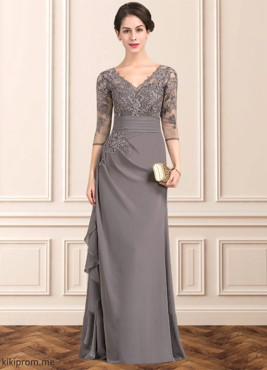 Adalynn A-line V-Neck Floor-Length Chiffon Lace Mother of the Bride Dress With Cascading Ruffles STF126P0014645