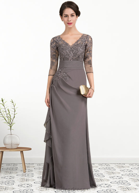 Leticia A-line V-Neck Floor-Length Chiffon Lace Mother of the Bride Dress With Cascading Ruffles HF126P0014645