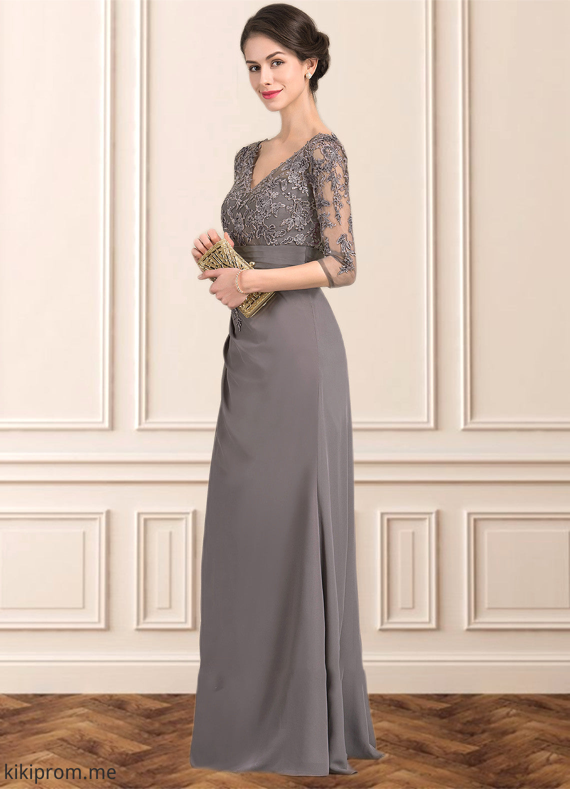 Adalynn A-line V-Neck Floor-Length Chiffon Lace Mother of the Bride Dress With Cascading Ruffles STF126P0014645