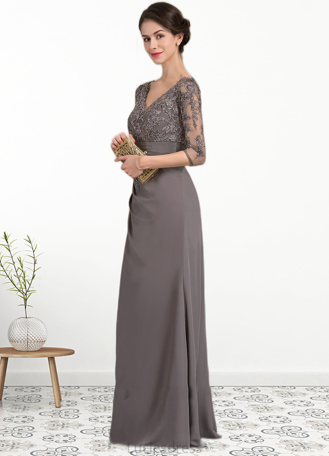 Leticia A-line V-Neck Floor-Length Chiffon Lace Mother of the Bride Dress With Cascading Ruffles HF126P0014645