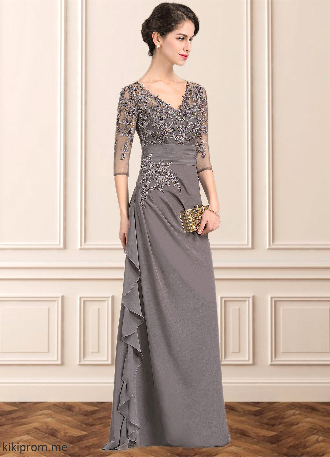 Adalynn A-line V-Neck Floor-Length Chiffon Lace Mother of the Bride Dress With Cascading Ruffles STF126P0014645